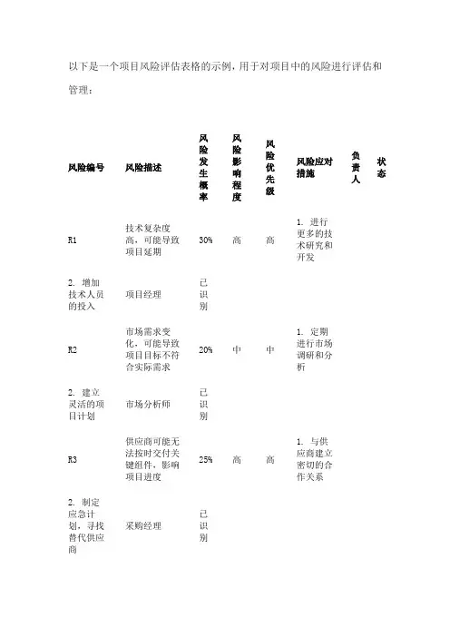 项目风险评估表格