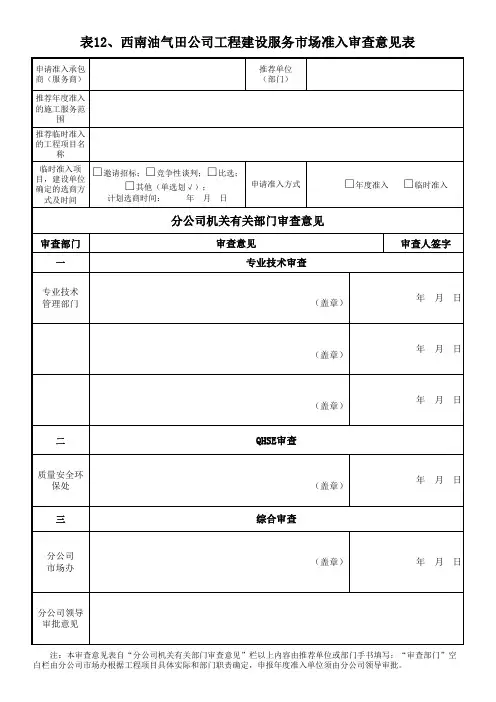 中国石油西南油气田分公司工程建设服务市场准入申请表(格式)(已添加矿服部审查)