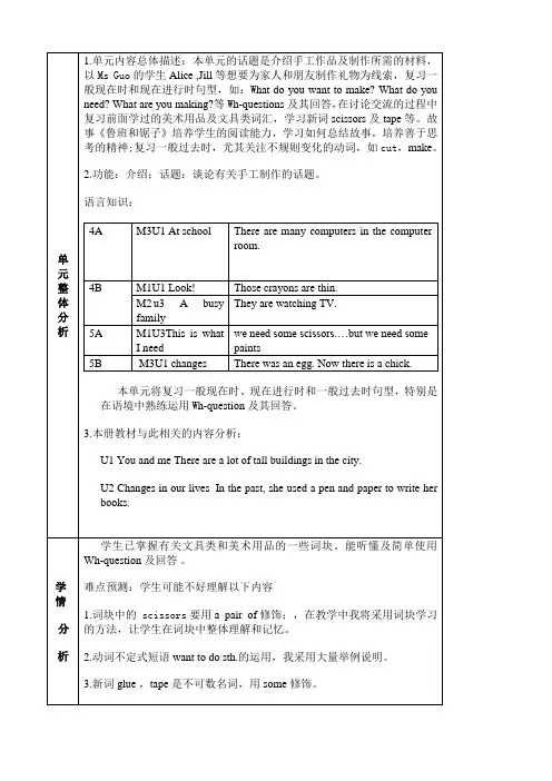 沪教版六年级英语下册Unit 5 crafts教学设计