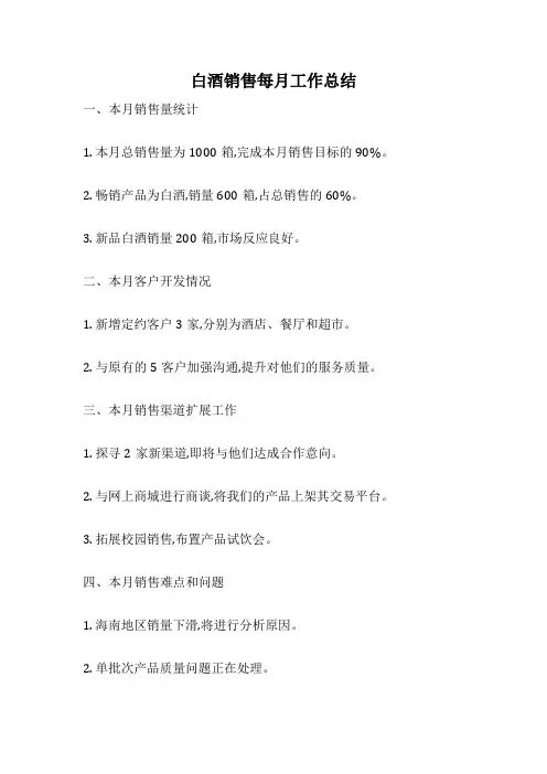 白酒销售每月工作总结
