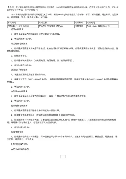 2021年云南英语专业四级考试时间、内容及试卷结构【6月19日】