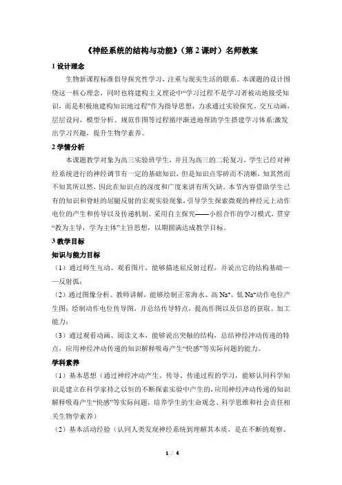 浙科版高中生物必修3《神经系统的结构与功能》名师教案(第2课时)