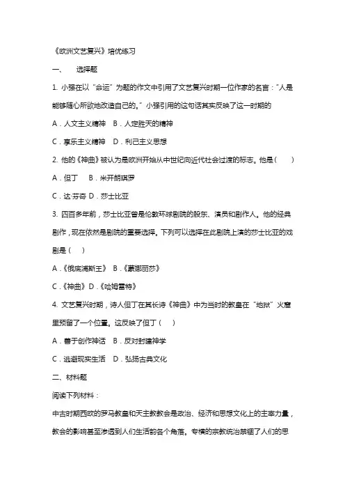 九年级历史上册第三单元近代早期的西欧第12课欧洲文艺复兴培优练习76