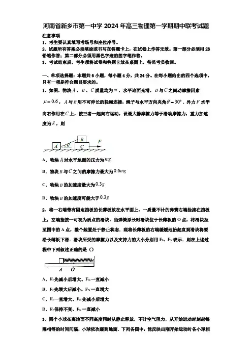 河南省新乡市第一中学2024年高三物理第一学期期中联考试题含解析