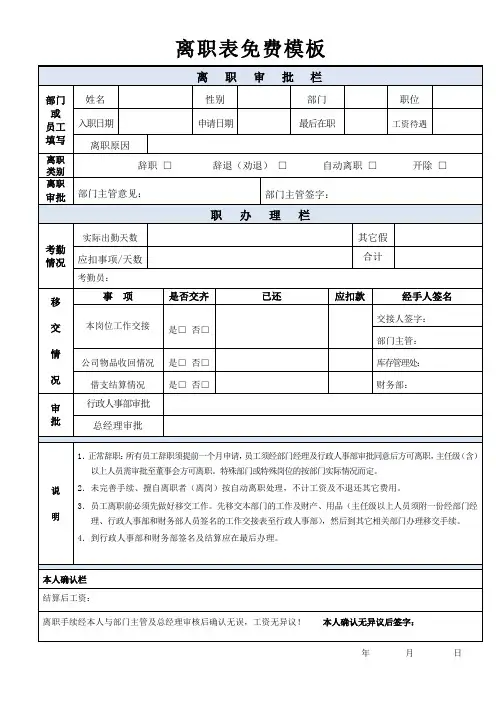 员工离职表免费模板