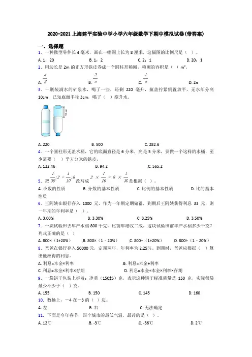 2020-2021上海建平实验中学小学六年级数学下期中模拟试卷(带答案)