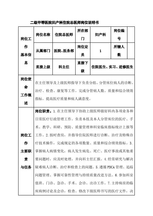 二级甲等医院妇产科住院总医师岗位说明书
