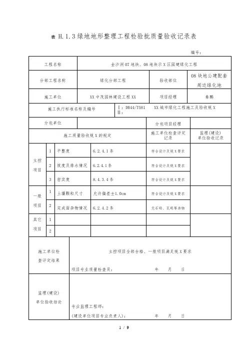 绿地地形整理工程检验批质量验收记录表