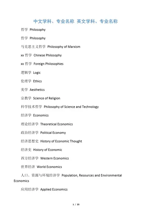 大学各个专业名称的英文翻译