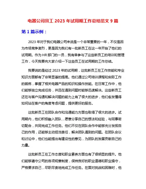 电器公司员工2023年试用期工作总结范文9篇
