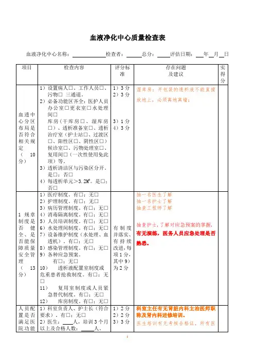 血液净化中心质量检查表