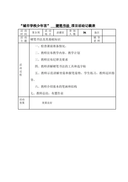 “城市学校少年宫”   硬笔书法 项目活动记载表