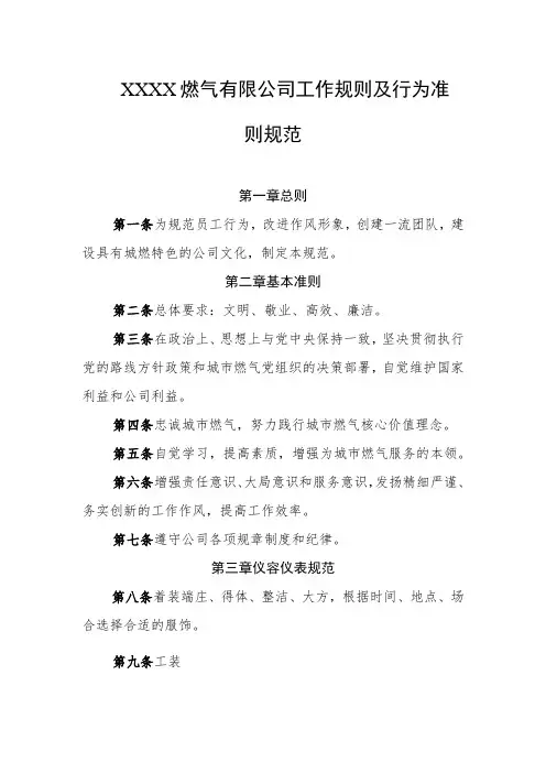 燃气有限公司工作规则及行为准则规范