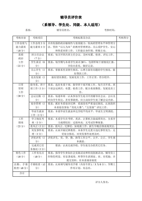辅导员评价表范本