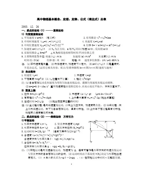 高三物理课件-高中物理基本概念、定理、定律、公式(表达式)总表 精品