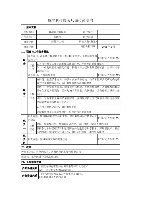 麻醉科住院医师岗位说明书