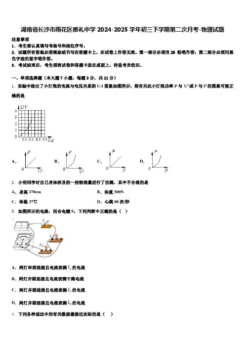 湖南省长沙市雨花区雅礼中学2024-2025学年初三下学期第二次月考-物理试题含解析