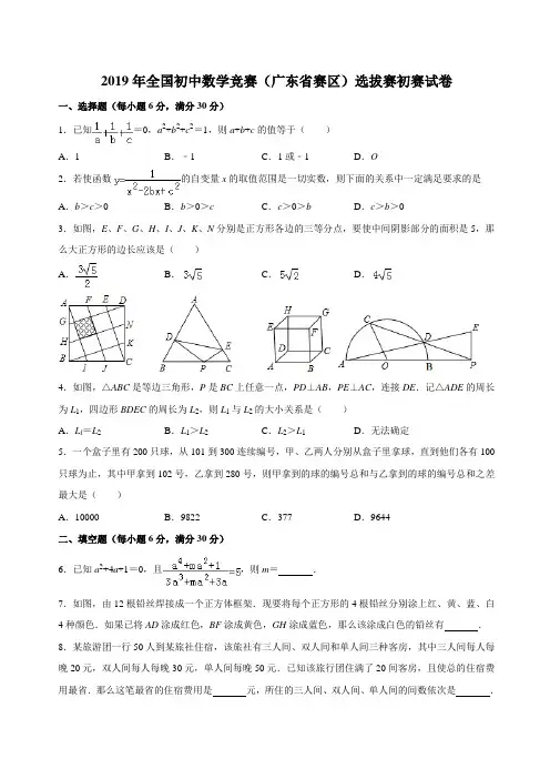 2019年全国初中数学竞赛(广东省赛区)选拔赛初赛试卷解析版