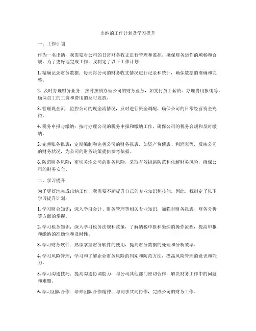 出纳的工作计划及学习提升