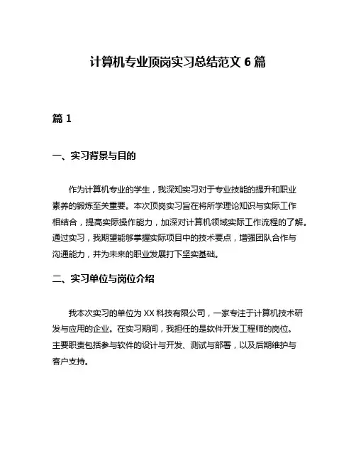 计算机专业顶岗实习总结范文6篇