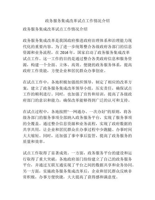 政务服务集成改革试点工作情况介绍