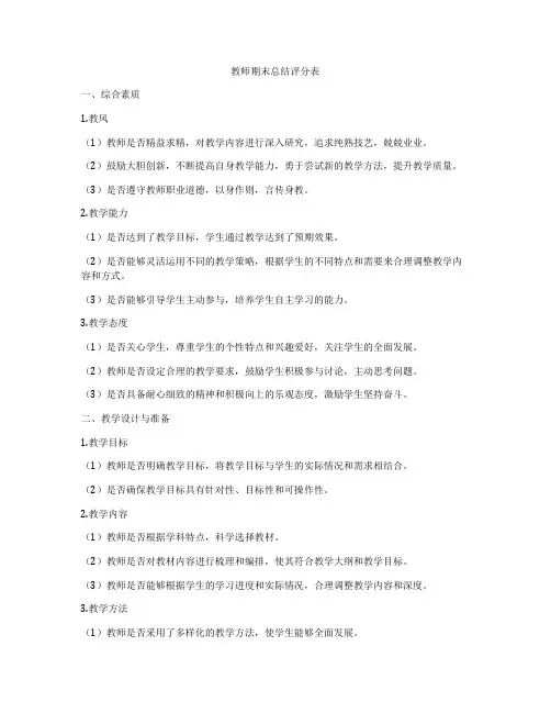 教师期末总结评分表