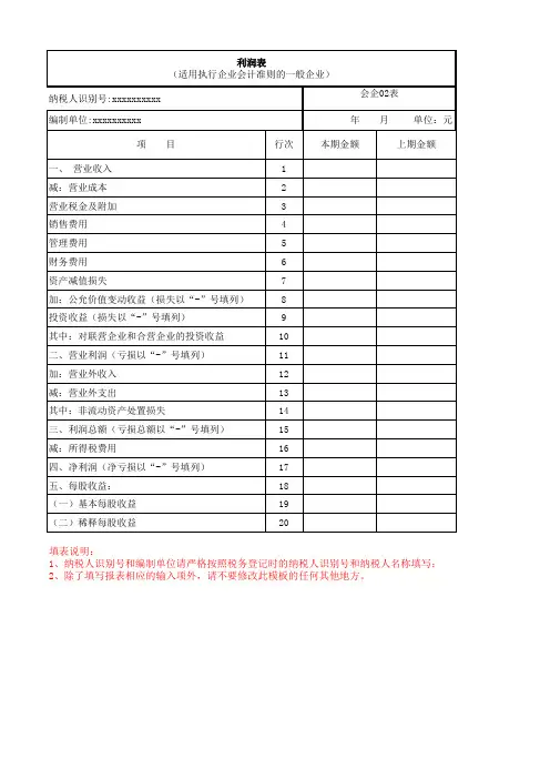 税务统一利润表(适用执行企业会计准则的一般企业)-月报表