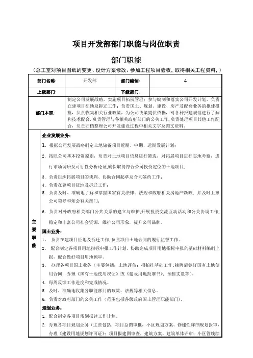 房地产公司项目开发部部门职能与岗位职责