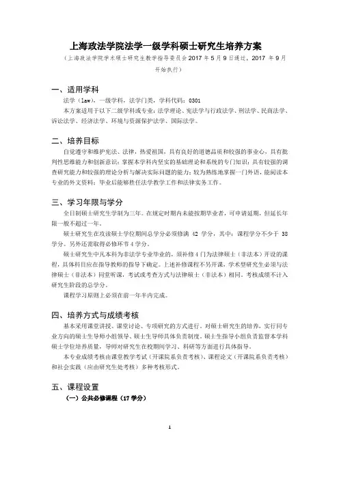 上海政法学院法学一级学科硕士研究生培养方案