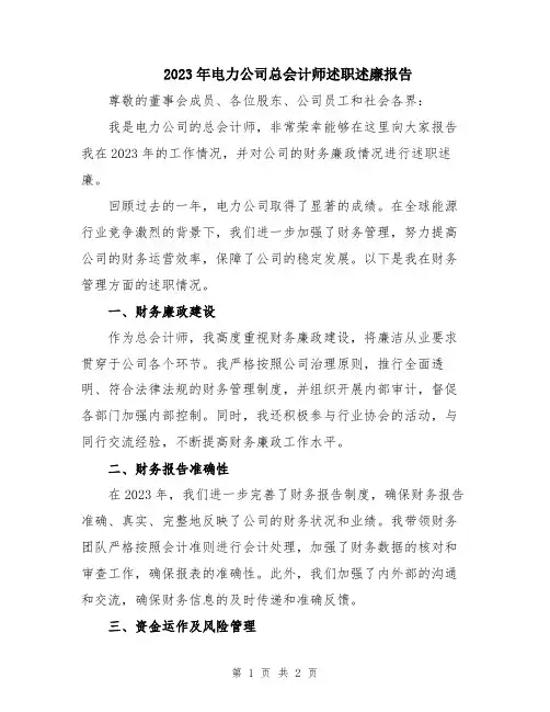 2023年电力公司总会计师述职述廉报告