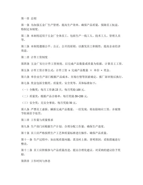 五金厂计件管理制度规范