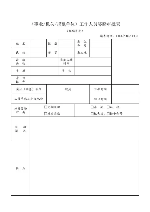 事业工作人员奖励审批表