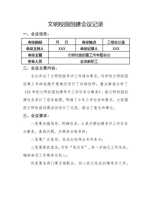 文明校园创建工作会议记录