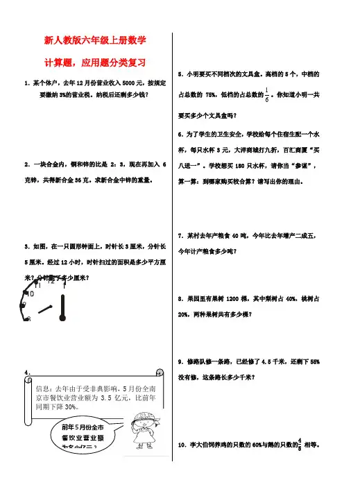 2016-2017年最新审定人教版小学数学六年级上册应用题、计算题专项练习总复习质量检测试卷(名校资料)