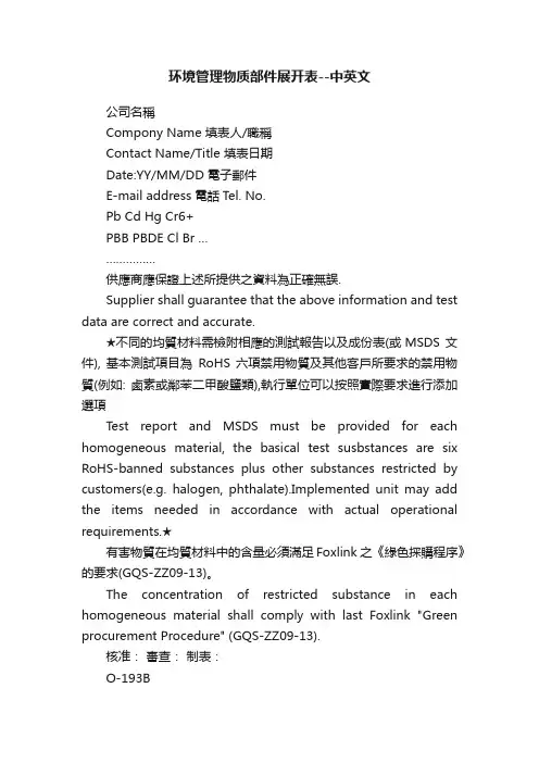 环境管理物质部件展开表--中英文