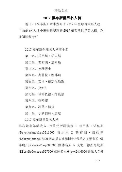 2017福布斯世界名人榜