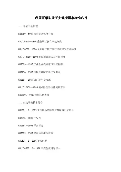 我国主要职业安全健康国家标准目录(1)