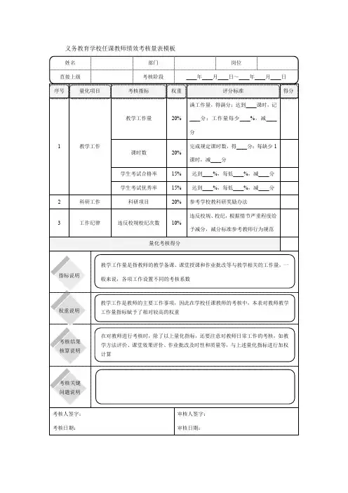 义务教育学校任课教师绩效考核量表模板