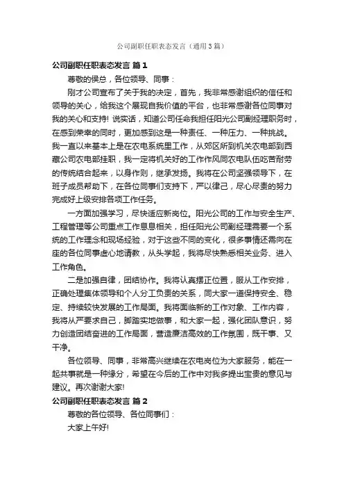 公司副职任职表态发言（通用3篇）