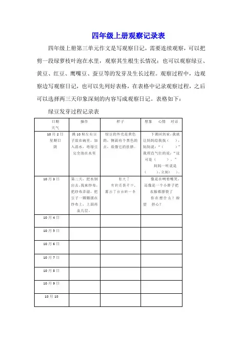 四年级上册观察记录表