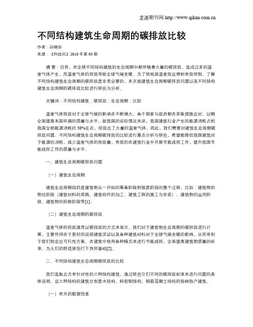 不同结构建筑生命周期的碳排放比较