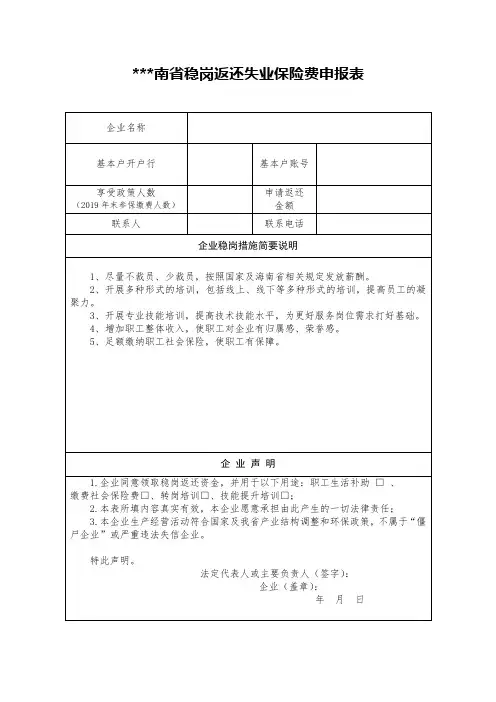 海南省稳岗返还失业保险费申报表【模板】