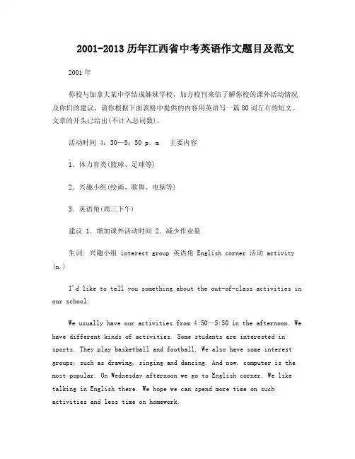 2001-2013历年江西省中考英语作文题目及范文