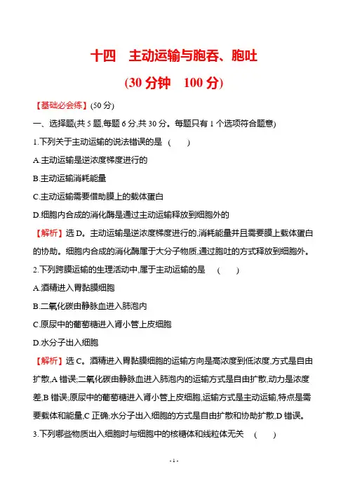 2022-2023学年  人教版 必修一主动运输与胞吞、胞吐 作业