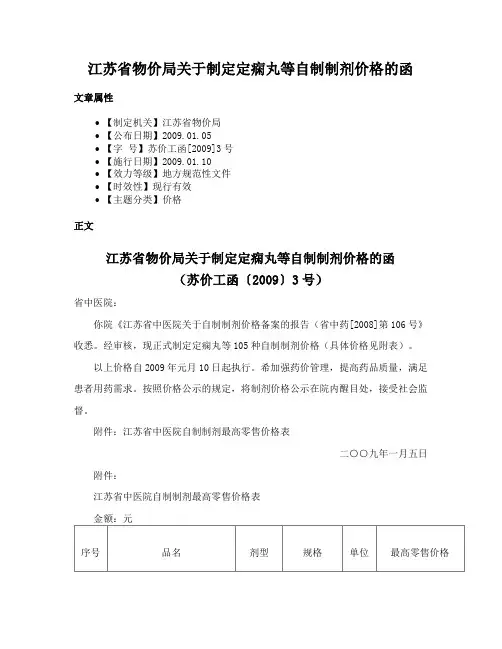 江苏省物价局关于制定定痫丸等自制制剂价格的函