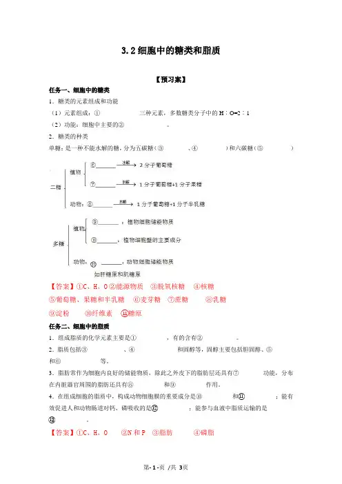 3.2 细胞中的糖类和脂质(导学案)高一生物(新教材北师大版必修1)