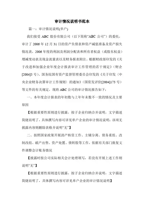 审计情况说明书范本