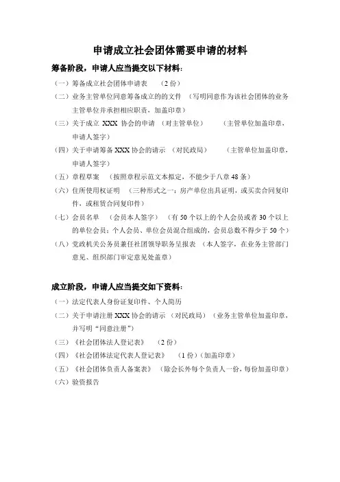 申请成立社会团体需要申请的材料