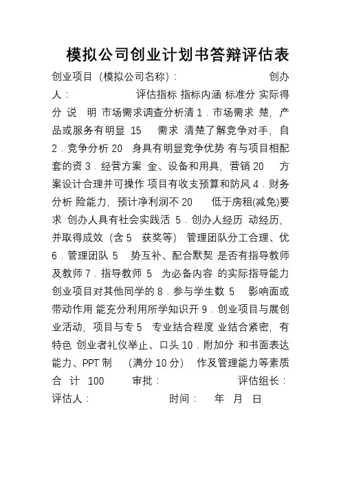 模拟公司创业计划书答辩评估标准