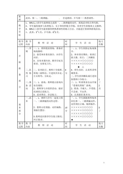 山东省胶南市大场镇中心中学七年级体育《武术：第一、二路弹腿》教案 新人教版